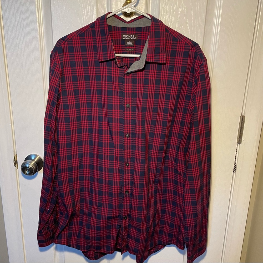 Michael Kors Flame Red Plaid Button Up L/S Men's Shirt Size XL Tailor Fit